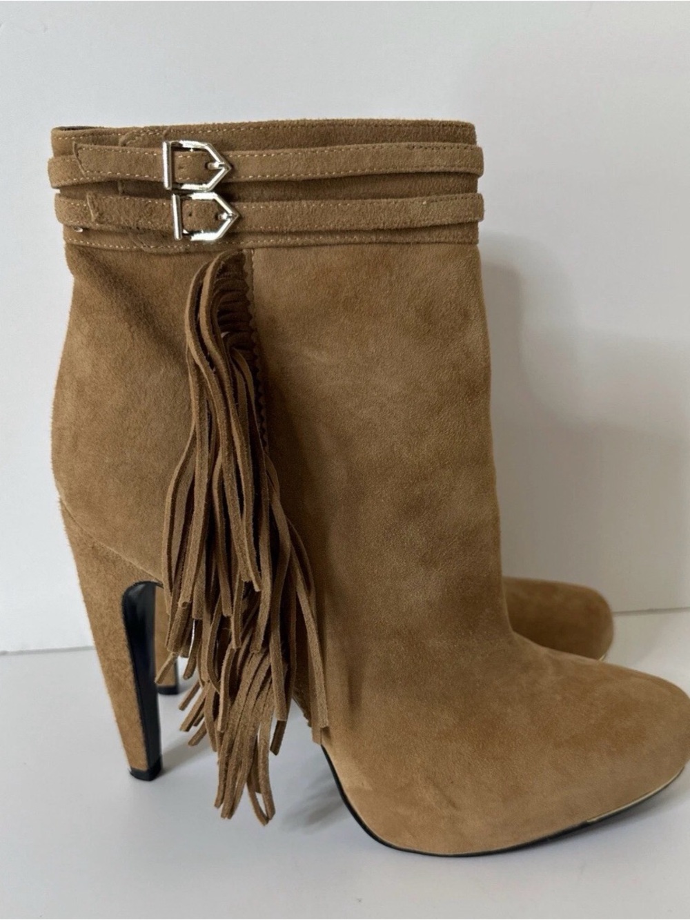 Sam Edelman Western Suede Fringe High-Heel Ankle Boots - Tan